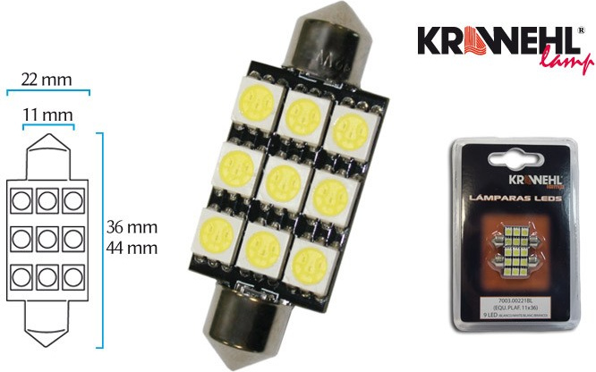 LED SV8,5d 12V 22x44mm 9SMD balti diodai CANBUS blisteris 2vnt.