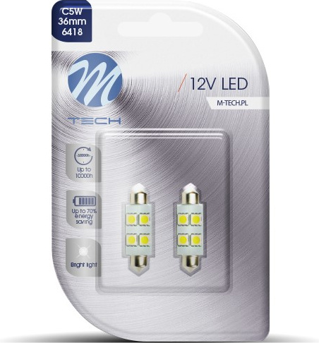 Blisteris 2 vnt. LED LB072W C5W 11x36mm 12V 1.36W 4 SMD5050 balti diodai