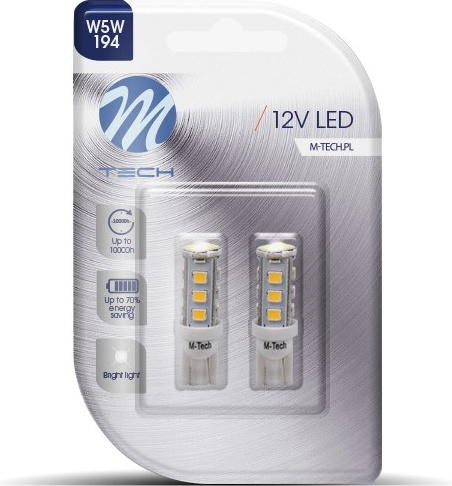 Blisteris 2vnt. LED LB077W W5W T10 12V max 1.28W balti 16 SMD3528 diodų